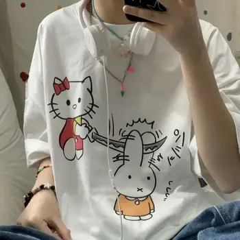 Футболка с рисунком Hello Kitty Sanrio Kawaii, футболка с принтом кота с короткими рукавами для девочек, 100% хлопок, Японская повседневная одежда