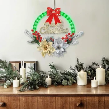 1 ШТ. Рождественские венки для входной двери, Рождественский венок с подсветкой, PS + Светодиодные цветы, зеленая красивая гирлянда, Рождественский декор