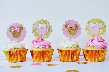 6 шт. розовые и золотые топперы для кексов с бантиком, день рождения мыши, розовый и золотой первый день рождения мыши, день рождения