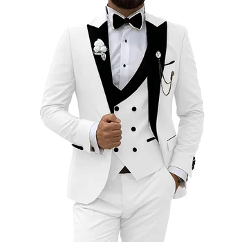 2023 Новое поступление Мужских костюмов из 3 предметов, Приталенные Белые Официальные деловые смокинги для выпускного вечера, Двубортный жилет, блейзер, комплект брюк
