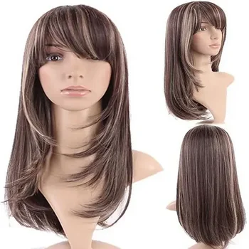 ГОРЯЧИЙ женский Длинный парик из смешанных коричневых прямых термостойких синтетических волос