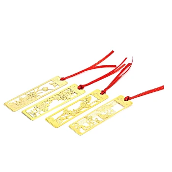 Металлические закладки 4ШТ, золотые закладки для детей, женщин, золотой полый книжный знак с красным набором завязывающихся ремешков