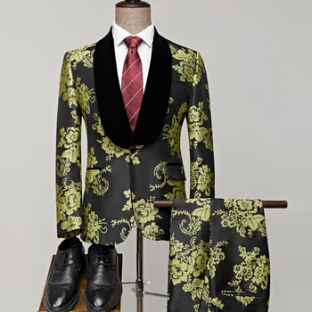 Модные мужские костюмы для вечеринок и вечеринок 2022 года, приталенные брюки, Зелено-желтый Жаккардовый платок с лацканами, Смокинги для жениха, костюм