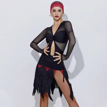 Высококачественное платье для соревнований по латинским танцам Для женщин, сексуальное боди с сетчатыми рукавами, юбки с разрезом, костюм для взрослых, костюмы для латиноамериканских танцев Чача