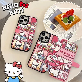 Sanrio Hello Kitty Складной Держатель Чехол Для Телефона iPhone 11 12 Pro Max 13 14 Promax Милый Мультяшный Защитный Кожаный Чехол Подарок