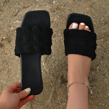 Женская обувь, Новинка 2023 года, Плиссированные Тапочки, Простые Женские Уличные Тапочки, Модные Летние Черные Сандалии На плоской подошве, Zapatos De Mujer