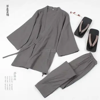 2023 мужская тонкая хлопчатобумажная пижама в японском стиле, домашняя одежда hanfu в китайском стиле, однотонный костюм дзен, халат, брюки, пижамный комплект s401