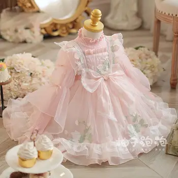 Юбка принцессы для девочек 2023, Осенне-зимнее розовое платье для маленькой девочки, детская трикотажная юбка с полувысоким вырезом.