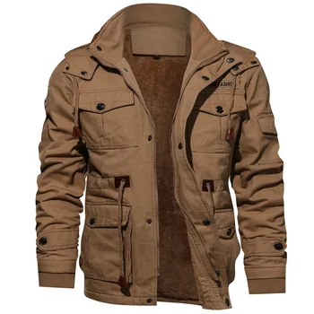 Зимние куртки Мужские плюшевые утолщенные пальто с капюшоном Осенняя рабочая одежда из хлопка больших размеров средней и длинной длины, тактические куртки-бомберы