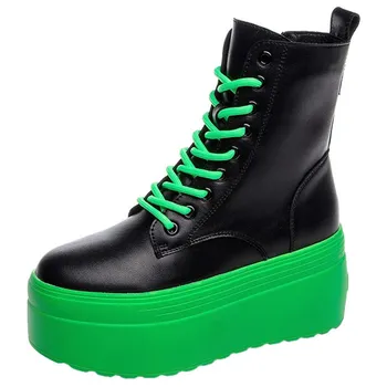 2023 Ботильоны из натуральной кожи, зеленые женские ботинки на платформе, толстая подошва, повседневные женские армейские ботинки на шнуровке, массивная обувь