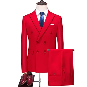 2023 Новый модный мужской костюм с двубортным отворотом, красный, 2 предмета (куртка + брюки) Свадебный торжественный комплект, приталенный костюм