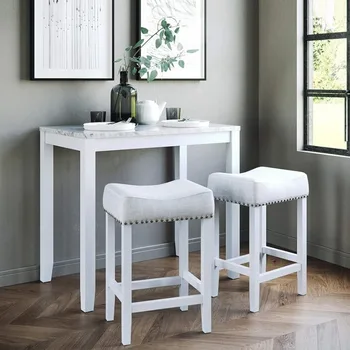 Обеденный набор Натана Джеймса Виктора из 3 предметов, высокая кухонная стойка в пабе или стол для завтрака с мраморной столешницей и сиденьем из ткани и дерева