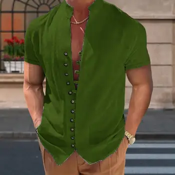Мужская рубашка из дышащей ткани с воротником-стойкой, мужская рубашка в винтажном стиле, мужская повседневная рубашка с воротником-стойкой, короткий рукав на лето