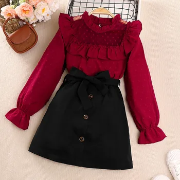 Новый дизайн для девочек, классический подростковый Осенне-весенний красный кружевной топ в стиле пэчворк с длинными рукавами и черная модная короткая юбка, Детская одежда