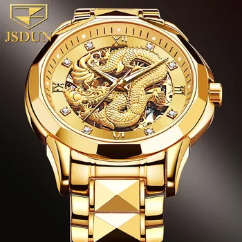 Мужские часы JSDUN с роскошным золотым циферблатом в виде дракона, мужские часы с автоматическими механическими светящимися водонепроницаемыми часами Relogio Masculino