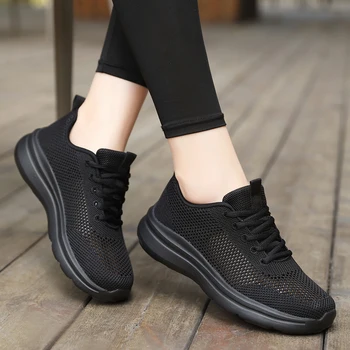Женские сетчатые кроссовки для бега, Летние Мужские кроссовки на шнуровке, Легкая Спортивная обувь для фитнеса, Удобная дышащая черная обувь для ходьбы, Размер 35-45