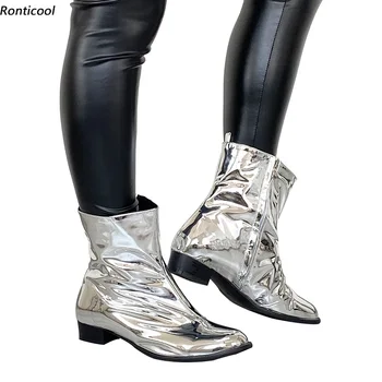 Ronticool Новые женские ботильоны ручной работы на плоской подошве унисекс на блочном каблуке с круглым носком, великолепная серебристая повседневная женская обувь, размер США 5-15