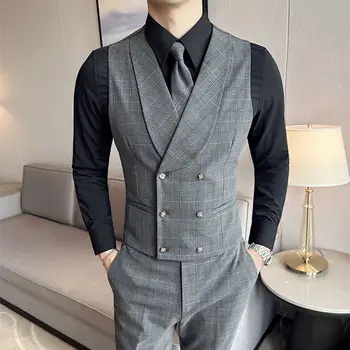 Двубортный серый клетчатый жилет мужской костюм в комплекте с полосатым жилетом деловой костюм 5475