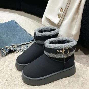 Зимой 2023 года Новая модная пряжка с круглым носком для теплых и удобных зимних ботинок на водонепроницаемой платформе, женских ботинок