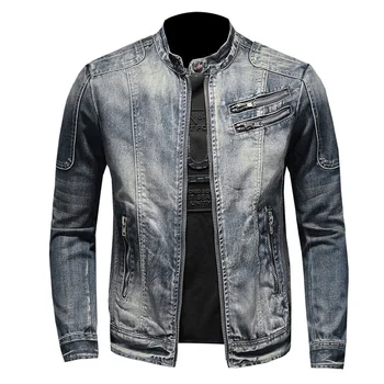 Новинка, джинсовая куртка для мужчин, весна-осень, однотонная верхняя одежда, мотоциклетное джинсовое пальто, мужское