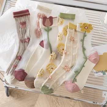 Летние ультратонкие прозрачные хрустальные шелковые носки с вышивкой в виде цветка тюльпана, женские носки в стиле ретро, эластичные носки средней длины Crystal Sox
