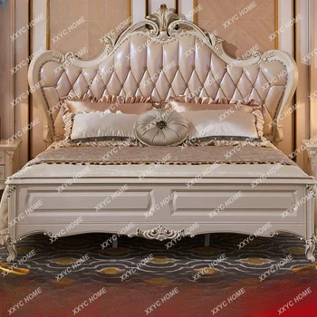 Двуспальная кровать Из Массива Дерева в Европейском Стиле, Натуральная Кожа, Дубовая Резная Кровать Принцессы, Роскошная Французская Супружеская Кровать