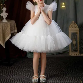 Элегантное платье принцессы для девочек, Новое летнее детское сетчатое платье-пачка с расклешенными рукавами, милая одежда для вечеринки по случаю дня рождения, Свадебное платье