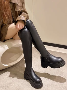 Женские ботинки; Осенняя обувь; Женские резиновые сапоги на плоской подошве С круглым носком; Коллекция 2023 года; Женская обувь выше колена в стиле 