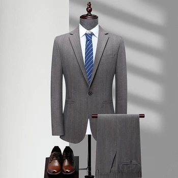 Высококачественный костюм (костюм + брюки), корейская версия из 2 предметов, тонкий Новый мужской модный костюм Four Seasons Smart Casual из полиэстера
