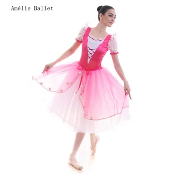 18432 Ярко-розовое романтическое балетное танцевальное платье-пачка с белыми пышными рукавами и розово-красным атласным лифом, костюм для выступления на сцене