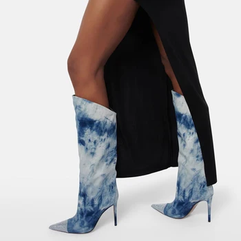 Женские джинсовые сапоги до колена с завязками, мягкие замшевые ботильоны на тонком каблуке, женские туфли-лодочки на высоком каблуке с бриллиантами, туфли-лодочки на шпильке