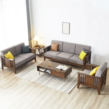 Диван из цельного дерева для трех человек, тканевый диван для одного человека и для двоих в скандинавском стиле, мебель для гостиной