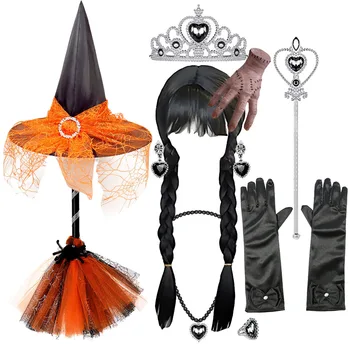 Детский костюм на Хэллоуин, детская Черная метла ведьмы и шляпа, парик для косплея для девочек, чулки для рук, праздничные принадлежности для принцессы