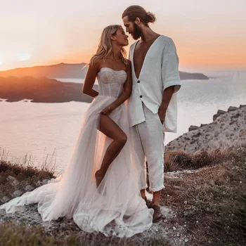 Прозрачное пляжное свадебное платье с высоким разрезом, сексуальные свадебные платья в стиле бохо из плиссированного тюля с открытой спиной для невесты 2023