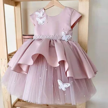 Платья для девочек-цветочниц, милая розовая пышная бабочка с жемчугом для свадьбы, дня рождения, банкета, вечерних платьев принцессы
