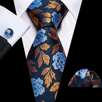 Дизайнерские синие шелковые галстуки с цветочным рисунком Для мужчин, Тканый жаккардовый галстук, Запонки, Карманный квадратный набор, Свадебные Деловые галстуки.Подарок Wang
