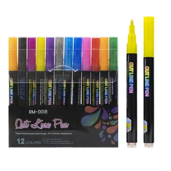 12 цветов / коробка Двойная линейная ручка Металлического цвета, обводящая линию фломастером, блестками для рисования, каракулями, школьными художественными принадлежностями