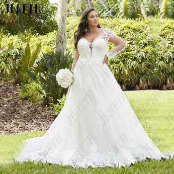 JEHETH классические свадебные платья плюс размер с длинными рукавами V-образным вырезом иллюзия вернуться невесты платья кружева аппликация-line Vestidos де novia