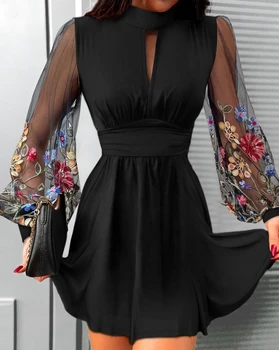 Платье из тонкой марлевой сетки с цветочной вышивкой, популярное Модное повседневное платье с круглым вырезом, перспективная короткая юбка с длинными рукавами