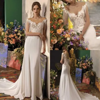 Свадебные платья 2020 с круглым вырезом, кружевные аппликации, свадебные платья с кисточками, Великолепное свадебное платье-русалка со шлейфом на пуговицах сзади