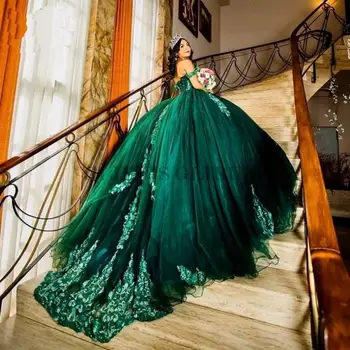 Зеленое Бальное платье, Пышные платья, Аппликации, Бусины, Жемчуг, С открытыми плечами, Милое 16 Платье Vestido De 15 Anos На шнуровке