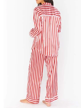 Женский рождественский пижамный комплект, полосатая рубашка с длинным рукавом, брюки с эластичной резинкой на талии, пижамы для рождественских праздников, 2 шт., одежда для отдыха