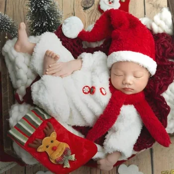 Реквизит для фотосъемки младенцев Рождественский костюм Комбинезон Шляпа Санта-Клауса Шейный платок Одежда для фотосессии новорожденных Подарок для душа