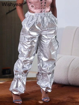 Осенний мешковатый комбинезон в складку с серебристым металликом и карманами, праздничные брюки для женщин, сексуальные брюки-карго для ночного клуба, pantalones mujer