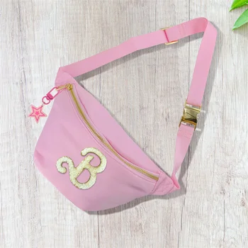 Розовые нейлоновые поясные сумки, женские модные сумки-слинги с буквой B через плечо с цепочкой для ключей, женская простая милая поясная сумка ярких цветов
