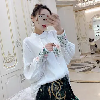 Ретро Китайская вышивка Рубашка со свободным рукавом для женщин Весна 2023 Новый Жаккардовый Атласный дизайн Sense Повседневная блузка Женский топ