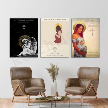 Святая Елизавета Посещающая - Беременность - Покровительница беременных женщин - Молитвенные рисунки на стене, Подарки для душа ребенка - Католический плакат