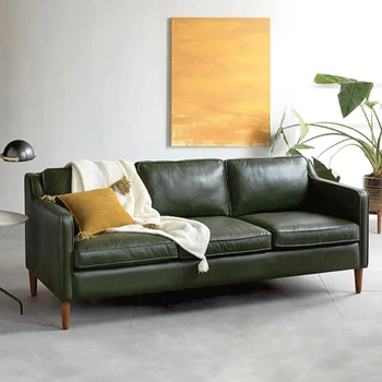 Скандинавский промышленный кожаный диван темно-зеленая кожа офисный магазин кожаная небольшая квартира двухместный диван для трех человек