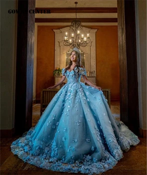 Эльфийское голубое кружевное бальное платье с 3D цветами, пышное платье, Мексиканское платье Sweet 16, платье принцессы, корсет на шнуровке, Vestidos De 15 Años