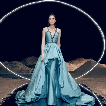 Элегантные синие вечерние платья трапециевидной формы для женщин с V-образным вырезом, без рукавов, длиной до пола, плиссированные вечерние платья для выпускного вечера с поясом из кристаллов, сшитые на заказ